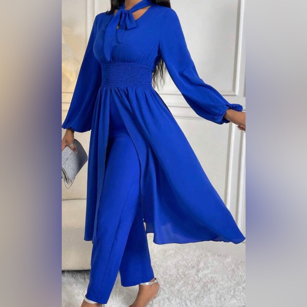 Lady Tie Neck Lantern Split Hem Top & Pants.